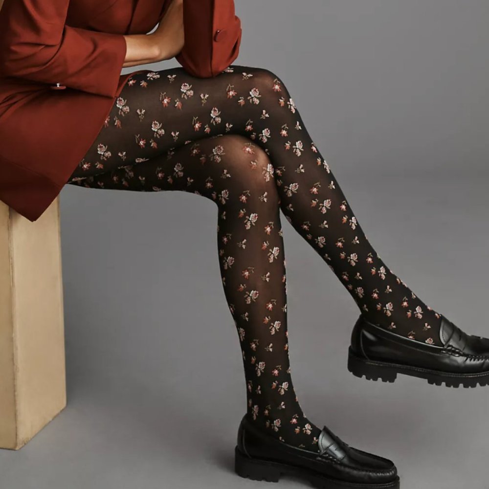 ANTHROPOLOGIE Ditsy Floral Calico Black Flowers Tights Sheer S M L NEW